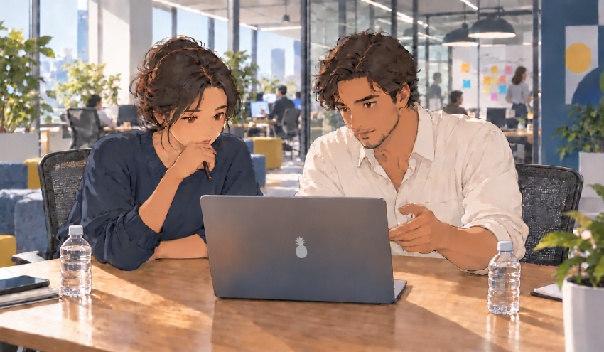 Two coworkers discuss a challenge while looking at a laptop in a modern office. A small matte-silver pineapple emblem is on the laptop lid, and water bottles are on the table.