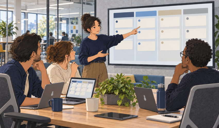 Four coworkers discuss a digital ticket board on a large display in a modern office.